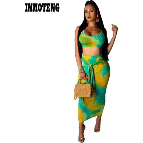 INMOTENG 2019 Summer Fashion Tie Dyed Print Skirt 2 Pieces Suit Sleeveless Short Tank Top Maxi Slim Mixi Skirt Suit Tracksuit