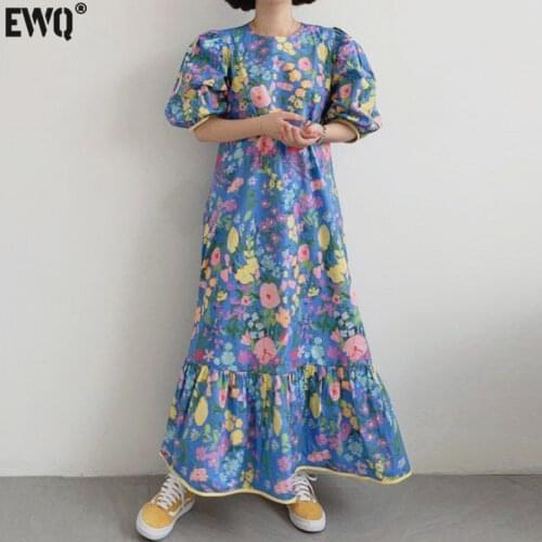 [EWQ] Women Yellow Pleated Ruffles Long Blue Dress New Round Neck Short Puff Sleeve Loose Fashion Casual Tide Summer 2021 F0695