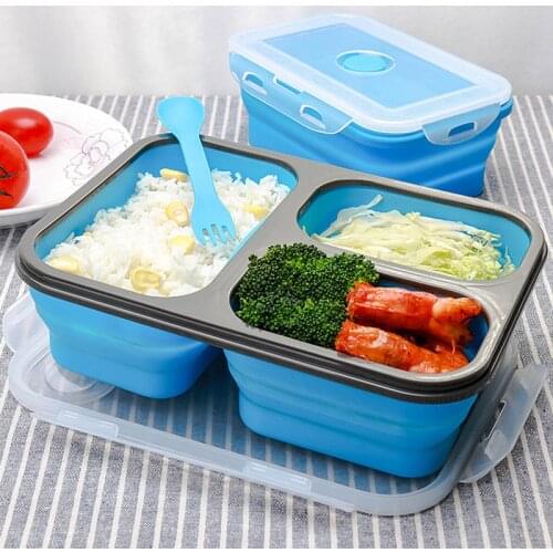 1100ml 3 Cells Silicone Foldable Lunch Box Collapsible Bento Box Travel Outdoors Food Storage Container Eco-Friendly Lunchbox
