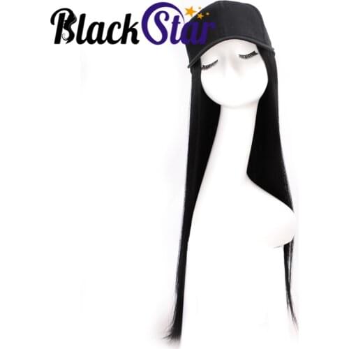 Baseball Cap with Hair Synthetic Hats with Hair Attached Black Cap with Hair Attached Long Straight Hair for Women