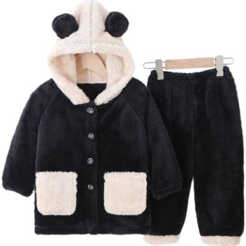 Children Flannel Pajamas Boys Girls New Thick Warm Cartoons Hooded Top and Pants Homewear Sets 2020 Autumn Winter Sleepwear Suit