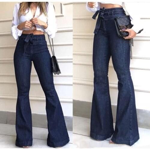 Womens Solid Color Long Denim Jeans Lace-up Waistband High Waist Flared Long Trouser for Ladies All Seasons Wear