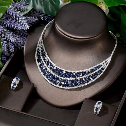 HIBRIDE Luxury 2PCS Blue Geometric Dubai Bridal Jewelry Sets Stud Earring Charm Statement CZ Necklace Sets Wholesale N-879