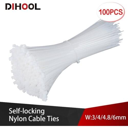 100pcs/lot 3x200mm/4x200mm/4.8x200/6x200mm White Self-locking cable ties plastic nylon tie Cable strapping tape