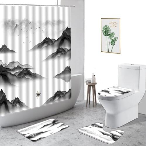 Chinese Ink Painting Shower Curtains Black White Mountain Water Natural Landscape Bathroom 4-Piece Non-Slip Carpet Bath Curtain