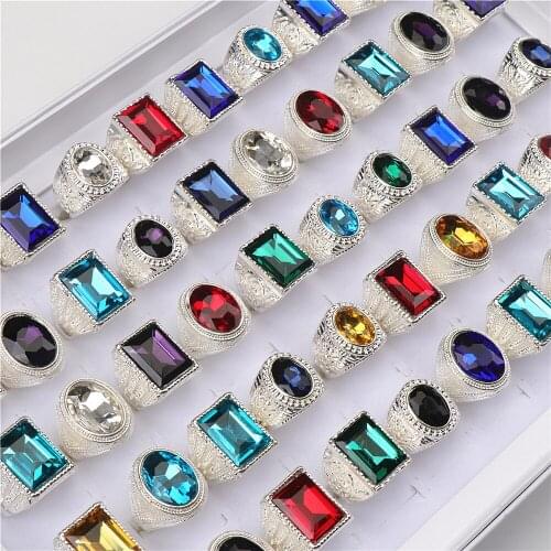20pcs/lot Luxury Multicolor Imitation Gemstone Silver Plated Metal Rings For Women Men Fashion Party Jewelry Mix Style Wholesale