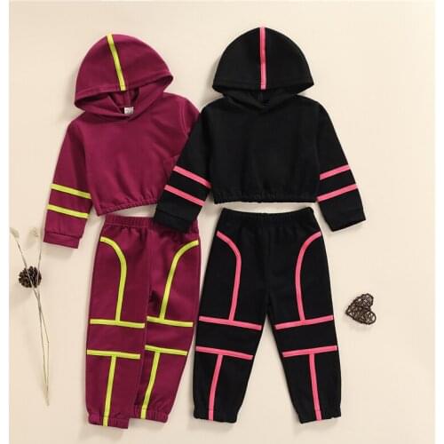 Girls Spring Fall Casual 2Pcs Clothes Set, Variegated Color Hooded Pullover and Elastic Waist Pants, Black/ Fuchsia, 1-5Years