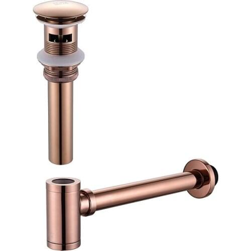 Drains Brass Round Siphon Brushed Gold P-TRAP Deodorization Bathroom Vanity Basin Pipe Waste With Pop Up Drainer With Overflow