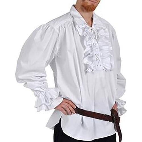 Renaissance Medieval Pirate Poet Costume Ruffle Jabot Top Shirt Mens Lace Up Pirate Victorian Colonial Cosplay Outfit For Adult