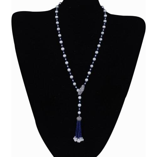 Fancy freshwater pearl necklace with blue stone tassel necklace for women