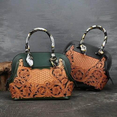 2021 New Senior Handmade Leather Carving Luxury Women Handbag Vintage First Layer Cowhide Embossed Female Bag Sac A Main Bolsa