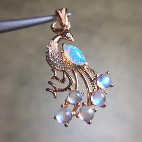 Natural multicolor opal Necklace natural moonstone Pendant Necklace S925 silver elegant Cute little peacock Girl gift Jewelry