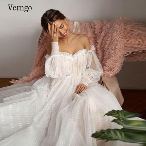 Verngo New Puff Long Sleeves Dot Tulle A Line Wedding Dress 2021 Off the Shoulde Elegant Bridal Gowns Princess Bridal Dresses