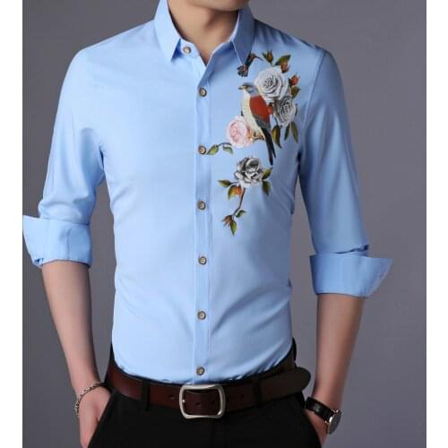 Man Floral Shirt Korean Leisure Digital Printing Dresses Long Sleeve Male Casual Flowers Clothes With Birds