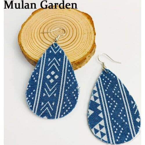 M&G New Stripe Denim Print Flower PU Leather Copper Earrings Vintage Water Drop Earrings Fashion Jewelry Women Accessories Gift