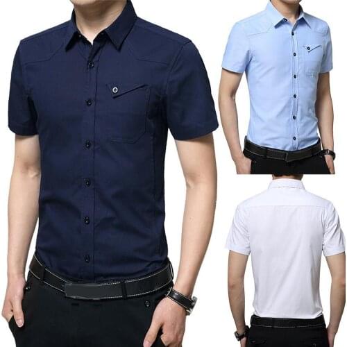 Stylish Men Solid Color Turn Down Collar Short Sleeve Pockets Buttons Slim Shirt