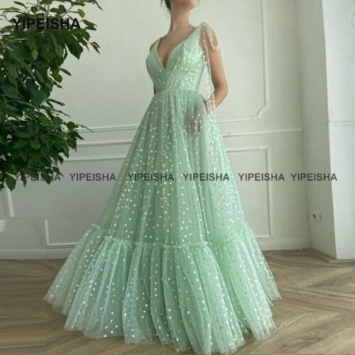 Yipeisha 2021 Mint Green Evening Dresses Deep V-Neck A-Line Long Prom Dress with Pockets Spaghetti Straps Wedding Party Gown