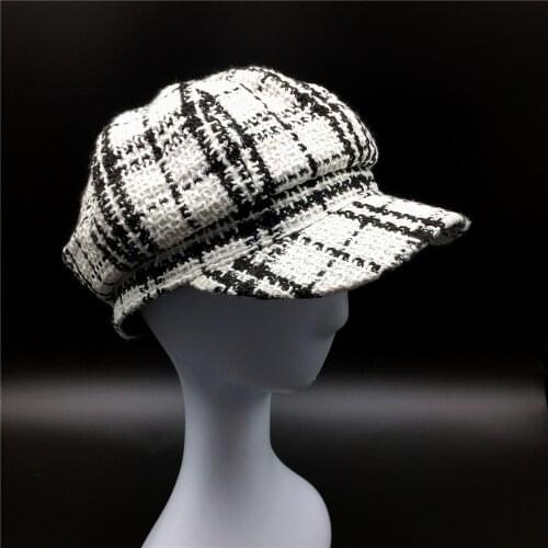 Women Plaid Baker Boy Hat Ladies and Girls Black and White Checks Octagonal Hats Female Newsboy Winter Hats