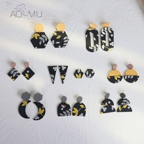 AOMU 2020 New Black Bohemia Plant Printed Geometric Irregular Moon Graffiti Painting Acrylic Dangle Earrings for Women Jewelry