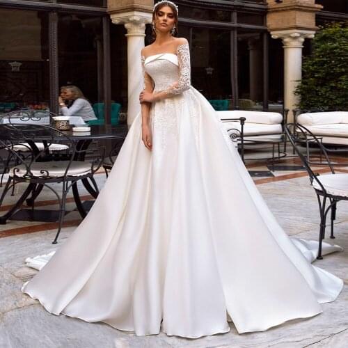 Simple Boat Neckline Long Sleeve Wedding Dress 2021 for Women White Satin Princesa Bride Gowns Elegant Vestido De Novia