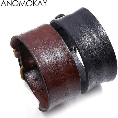 Anomokay Simple Wide Cow Leather Strap Punk Bracelet Vinatage Cowhide Leather Mens Bracelet Accessories