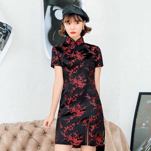 Black Satin Qipao Slim Plus Size 3XL Cheongsam Women Elegant Flower Split Chinese Traditional Evening Party Dress Vestidos