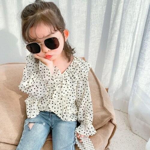 DFXD Baby Girl Shirts 2020 Spring Fashion White Polka Dot Chiffon Blouses Long Sleeve V-neck Ruffle Tops For 1-7T Kids Clothes