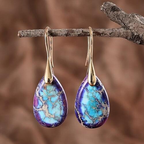 Purple Blue Water Drop Natural Regalite Stones Hook Earrings