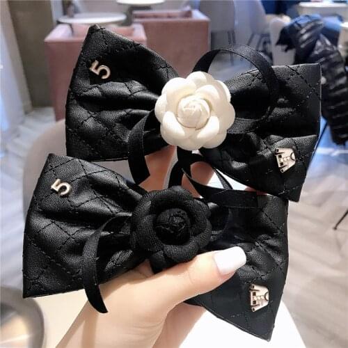 Korea Dongdaemun Women Fashion Hair Accessories New Small Fragrance Leather Big Bow Hair Clip Spring Clip Camellia Hairpin