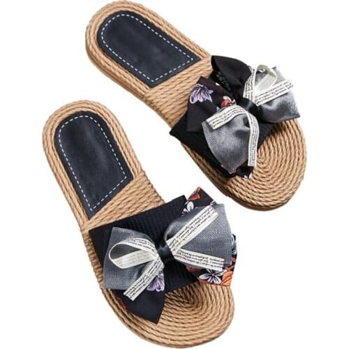 Summer Ribbon Rope Bow Flax Home Slippers Women Shoes Indoor Linen Slippers Lightweight Beach Footwear Sandals Plus Size hy446
