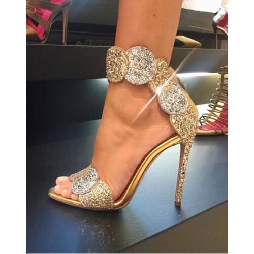 Summer Ladies Round Sequins Patchwork Sandals Sexy Ankle Strap Thin Heels Open Toe Bling Bling Pumps Party Stiletto High Heels