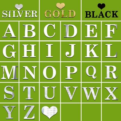 English Letters Wall Sticker Mirror Decal DIY Home Decor Silver Gold Acrylic Decorative Mural Self Adhesive Small Capital Letter