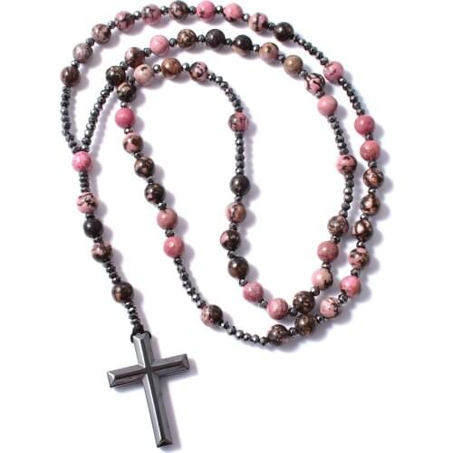Natural Lace Rhodonite Stone Catholic Christ Rosary Necklaces For Women Men Hematite Cross Pendant Mala Jewelry Gift