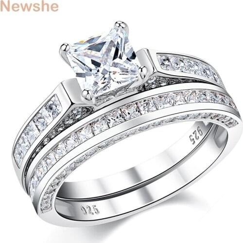 Newshe 925 Sterling Silver Wedding Rings For Women 2.96 Ct Princess Cut White AAAAA CZ Jewelry Engagement Ring Set QR4619