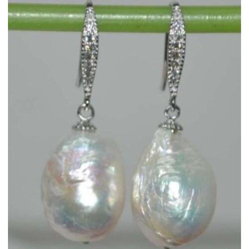 Charming pair of huge 14-15mm south sea white pearl dangle earring 925 sterling silver