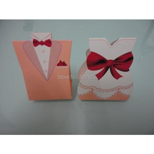 Wholesale Hot Sale 100pcs Pink Tuxedo Dress Wedding Party Favors Candy Boxes Gifts Bride Groom Free Shipping