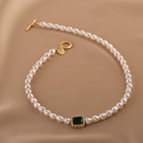 2021 new retro style geometric irregular high imitation pearl green crystal necklace, Korean fashion womans necklace party gift