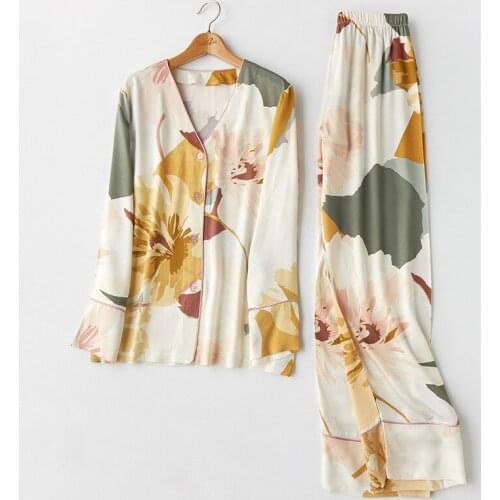 2020 Spring Womens Pajamas Sets with Flower Print Fashion Luxury Female 2 Two Pieces Long sleeve + trousers Nighties Sleepwear