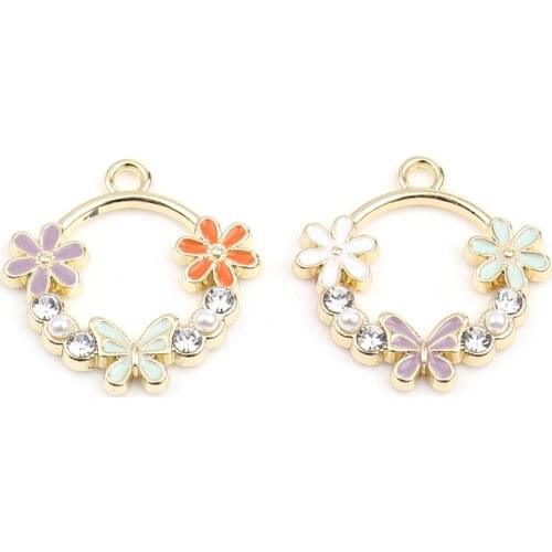 Doreen Box Flower Circle Ring Charms Pendants Gold Plated Pink Clear Rhinestone Pendnts for DIY Jewelry 24mm x 20mm, 5 PCs