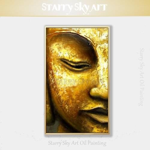 Professional Artist Hand-painted Modern Wall Art Golden Buddha Half Face Oil Painting on Canvas Buddha Figure Acrylic Painting