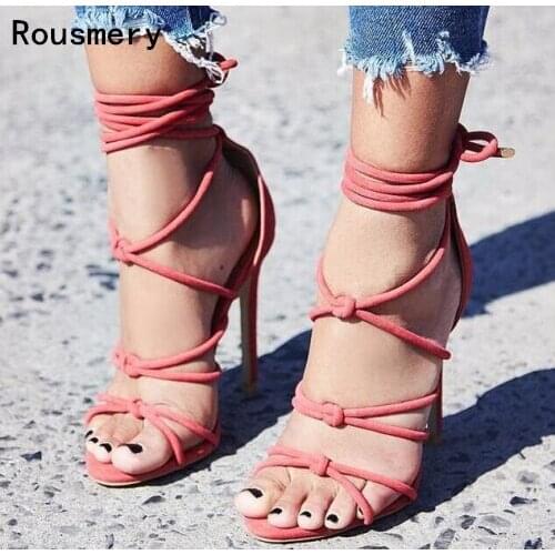 Drop Shipping 2017 Summer Sexy Women Pink or Dark Gray Open Toe Gladiator Cuts Out Cross Lace Up Thin Heels Party Dress Sandals