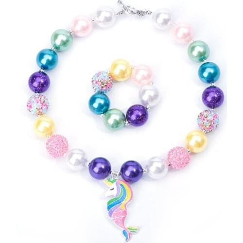 Mermaid Unicorn Chunky Necklace Glitter Enamel Pendant Girls Colorful Bubblegum Necklace and Bracelet Set Handmade Gift for Kids