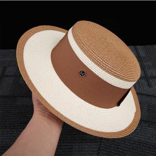 New Fashion Women Short Wide Brim Straw Hat Sun Protection Color Matching Flat Boater Hat Summer Beach Ladies Derby Holiday Cap