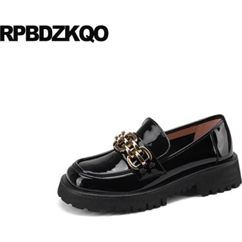 Metal High Quality Rock Celebrity Demonia Chain Patent Leather Slip On Designer Shoes Women Luxury 2021 Chunky Loafers Black