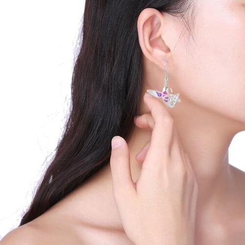 Unique design Silver Stamped earrings Delicate Bird Purple Fire Opal Drop Earrings White Zirconia Fashion Jewelry OE438