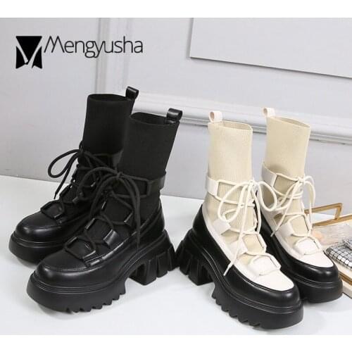 Knitted Lace up riding boots women high heels stretch sock boots platform shoes thick soled mid-calf botas mujer plus size 34-43