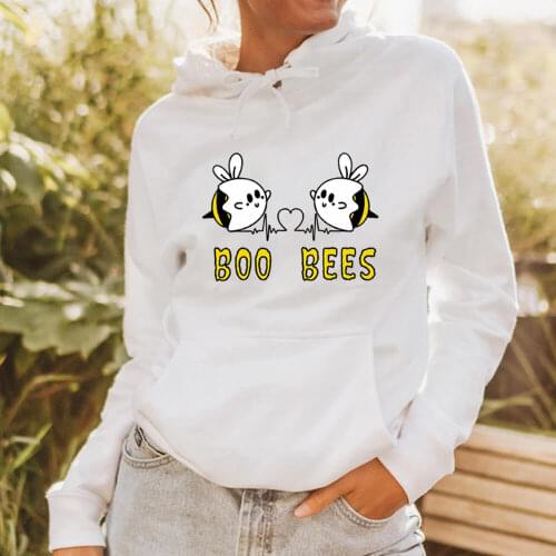 Boo Bees Hearbeat Ghost Bee Halloween Print 100%Cotton Women Hoodie Unisex Spring Autumn Casual Long Sleeve Hooded Top