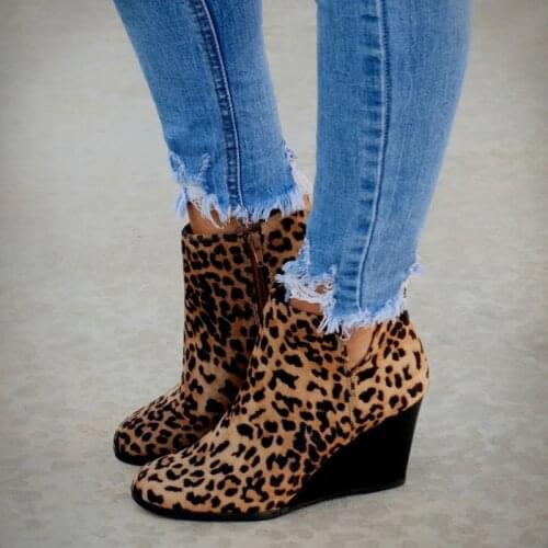 Sexy Leopard Wedges Platform Autumn Female High Heel Zipper Shoes Women Boots Ankle Boots Ladies Fashion Botines Mujer