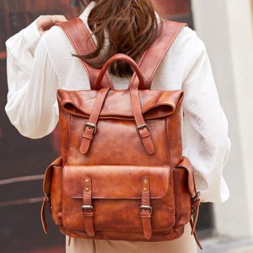 Genuine Leather Womens Backpack Travel Bag Cowhide Female Fashion Laptop Schoolbag Retro Outdoor Backpacks Vintage Large