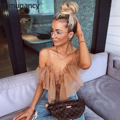 Yimunancy Mesh Bodysuit Women Perspective 2020 Spring Off Shoulder Skinny Bodysuit Ladies Ruffle Sexy Bodysuit Summer Overalls